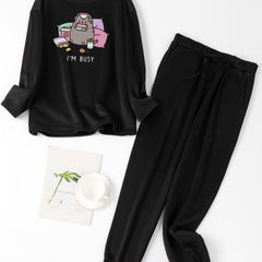 Women's Plus Cat & Slogan Print Fleece Tee & Jogger Pants Set