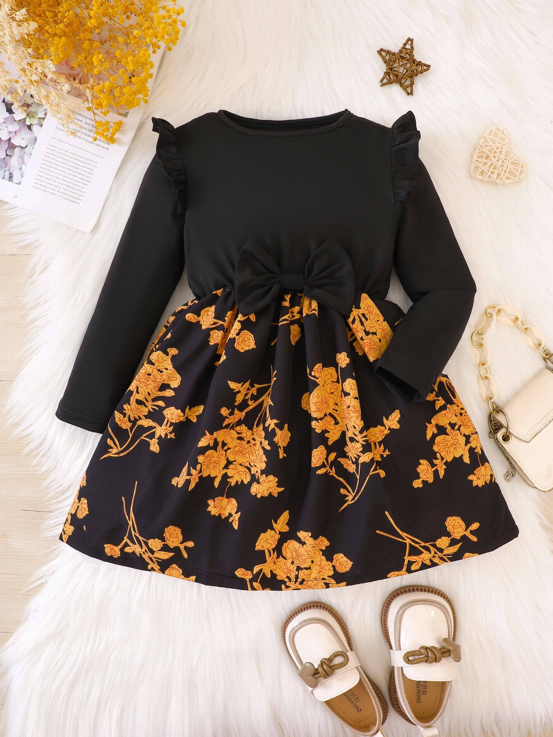 Leaf Print Ruffle Details Long Sleeve Dress