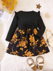 Leaf Print Ruffle Details Long Sleeve Dress