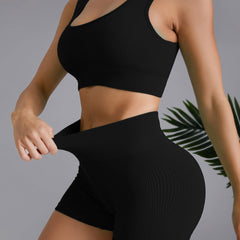 Solid Ribbed Activewear Set for Enhanced Workout Performance
