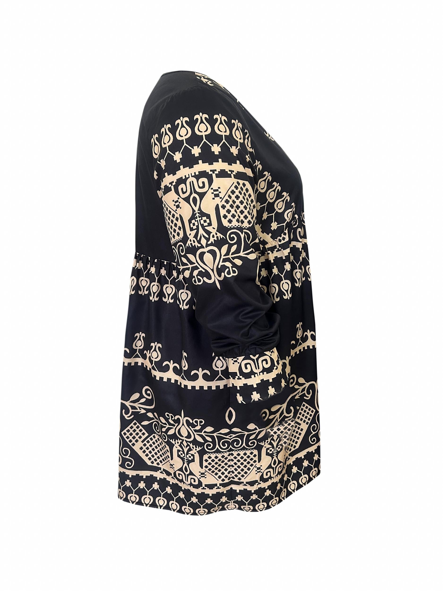 Boho Dress Women's Plus Tribal Print Long Sleeve Deep V Neck Mini