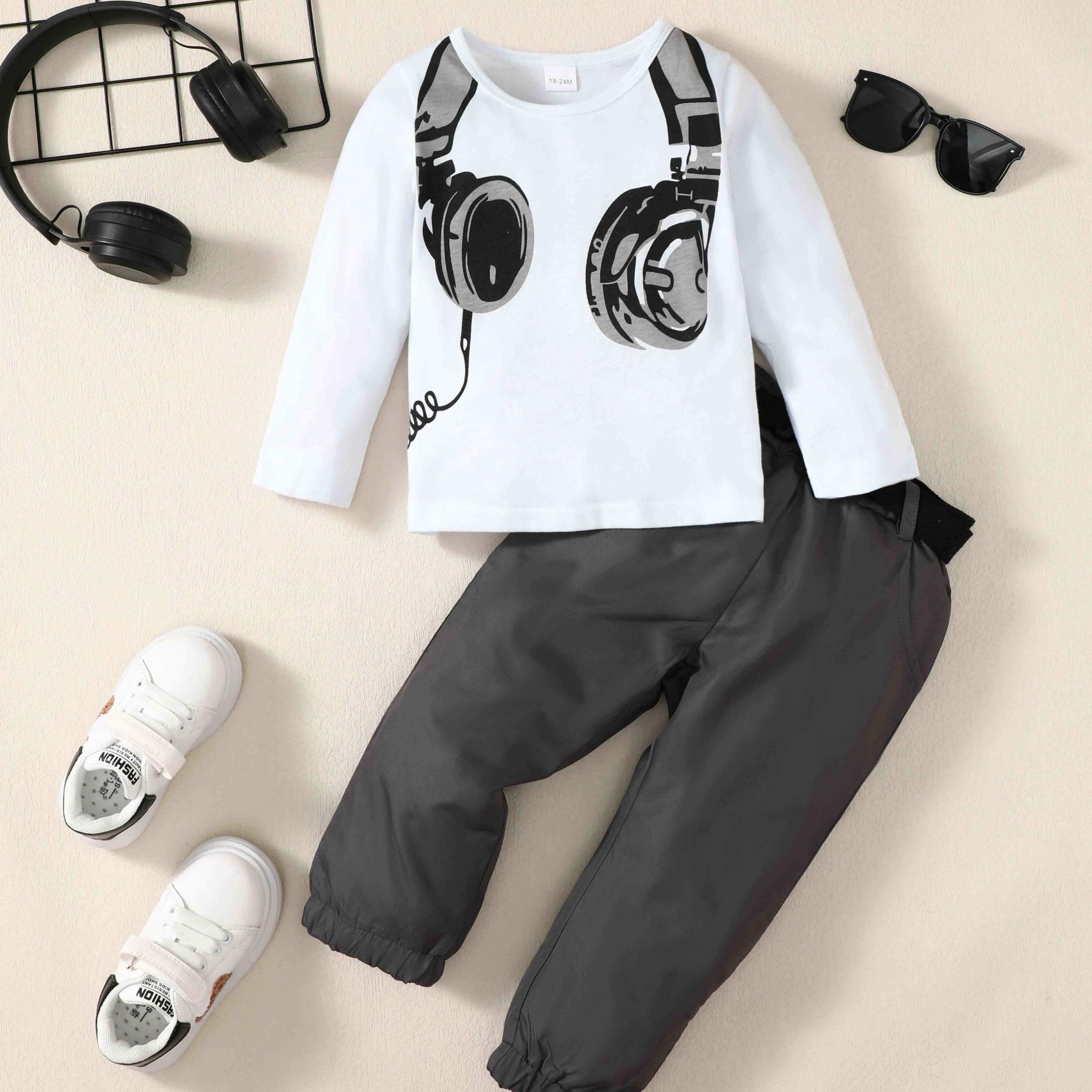 Boys 2pcs Sweatshirt Top & Joggers Pants Set Earphone Print Kids Clothes