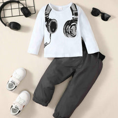 Boys 2pcs Sweatshirt Top & Joggers Pants Set Earphone Print Kids Clothes