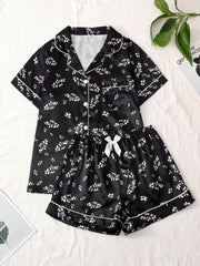 Flower Print Satin Pajama Set Comfy Short Sleeve Pocket Lapel Top & Bow Shorts