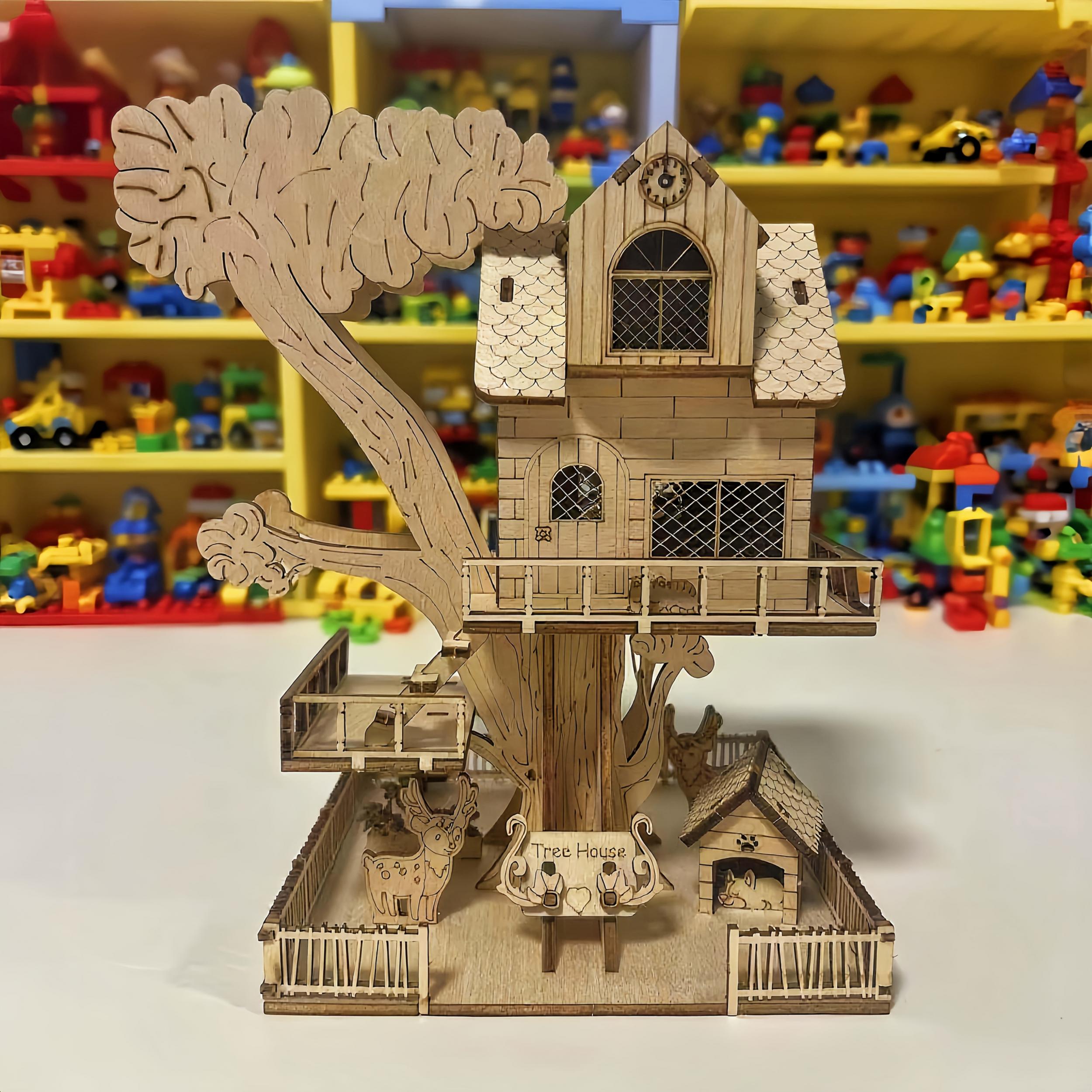 3D Wooden Treehouse Puzzle Toy, Halloween Christmas Creative Building Blocks