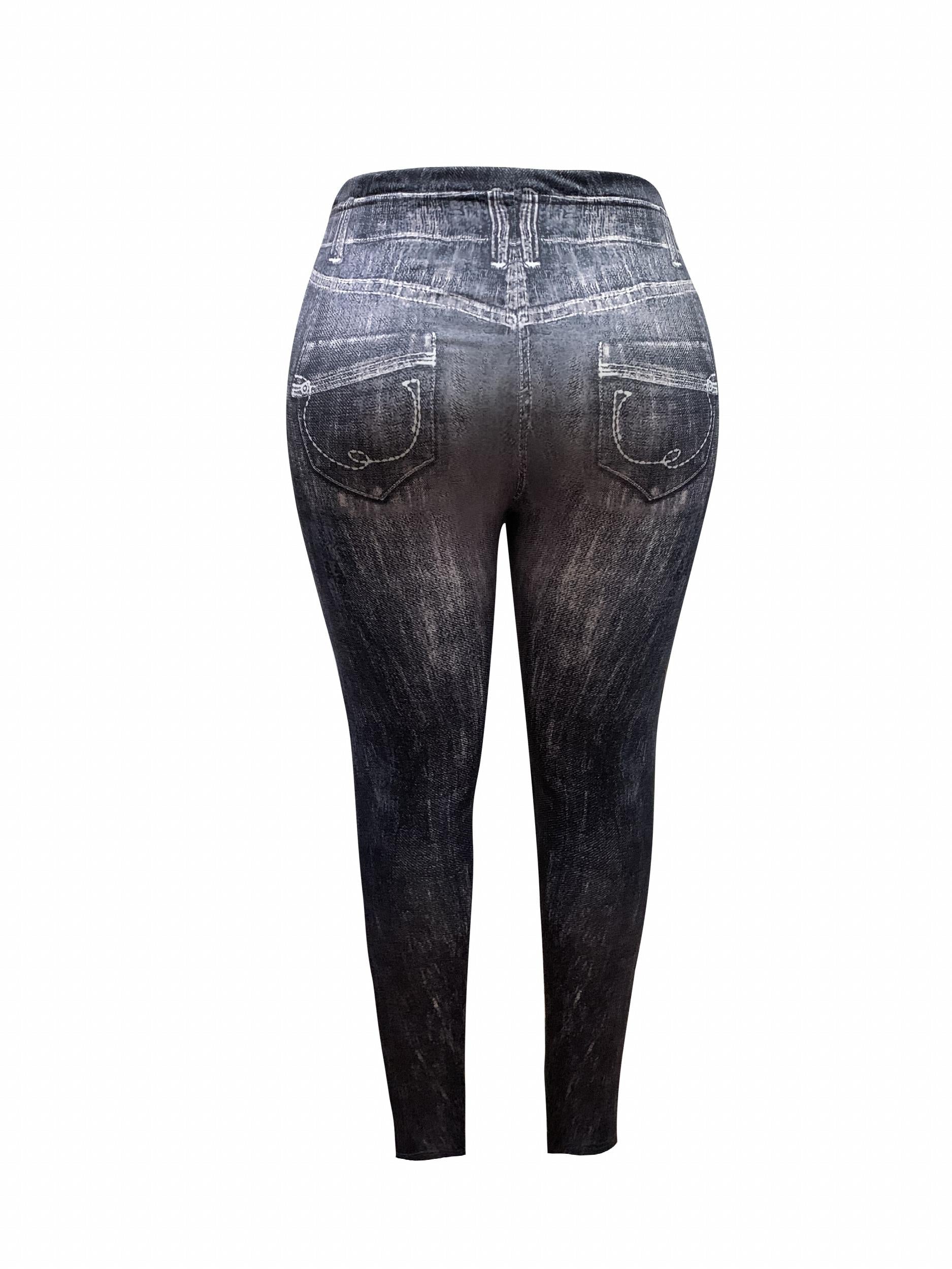 Distressed Denim Print High Rise Leggings Plus Size