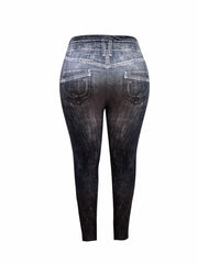 Distressed Denim Print High Rise Leggings Plus Size