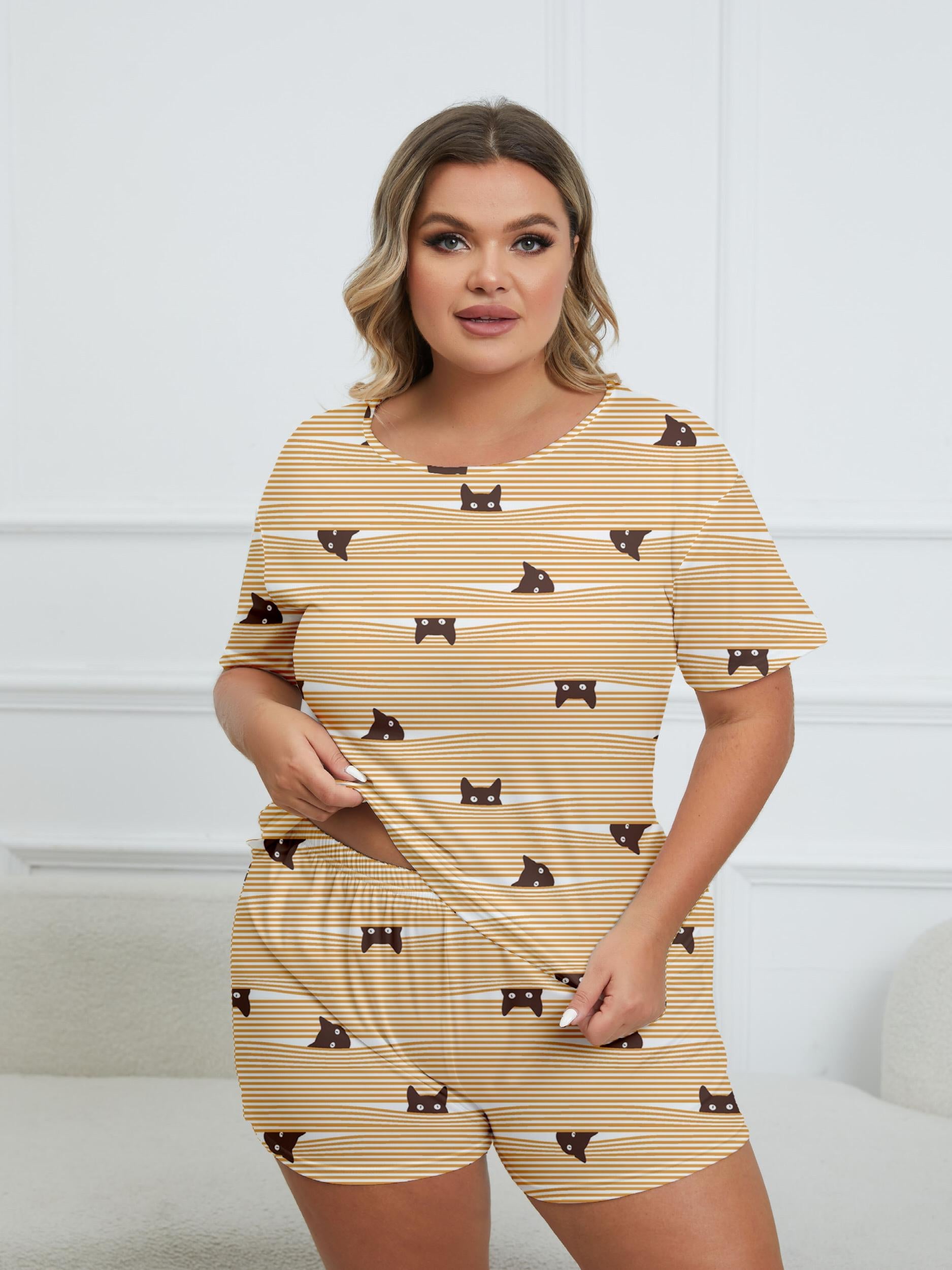 Cartoon Cat Stripe Print Pajama Set Women's Breathable Loungewear