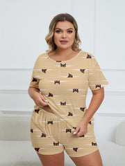 Cartoon Cat Stripe Print Pajama Set Women's Breathable Loungewear