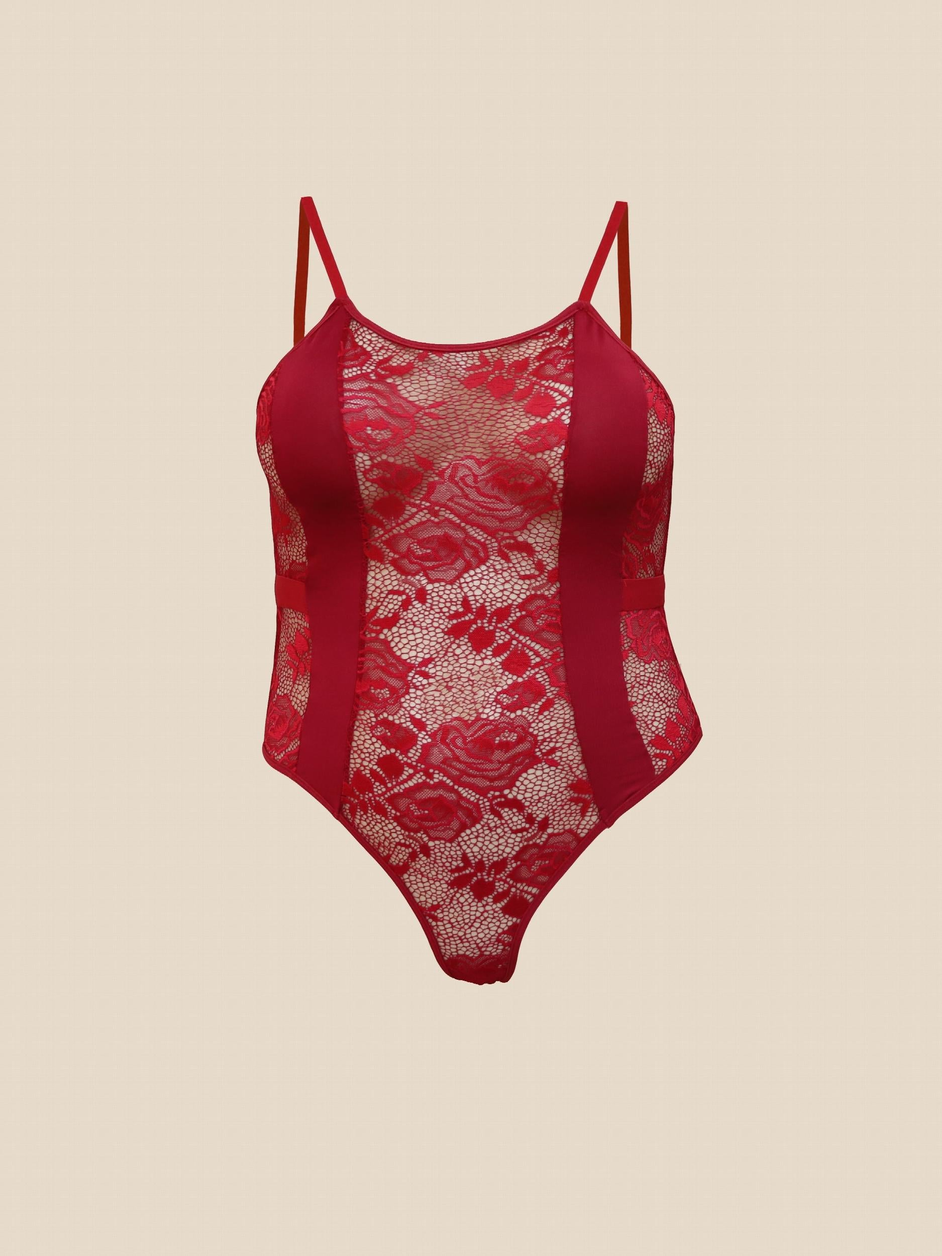 Plus Floral Mesh Striped Semi Sheer Cami Teddy Bodysuit