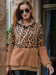 Leopard Colorblock Teddy Fuzzy Hoodie