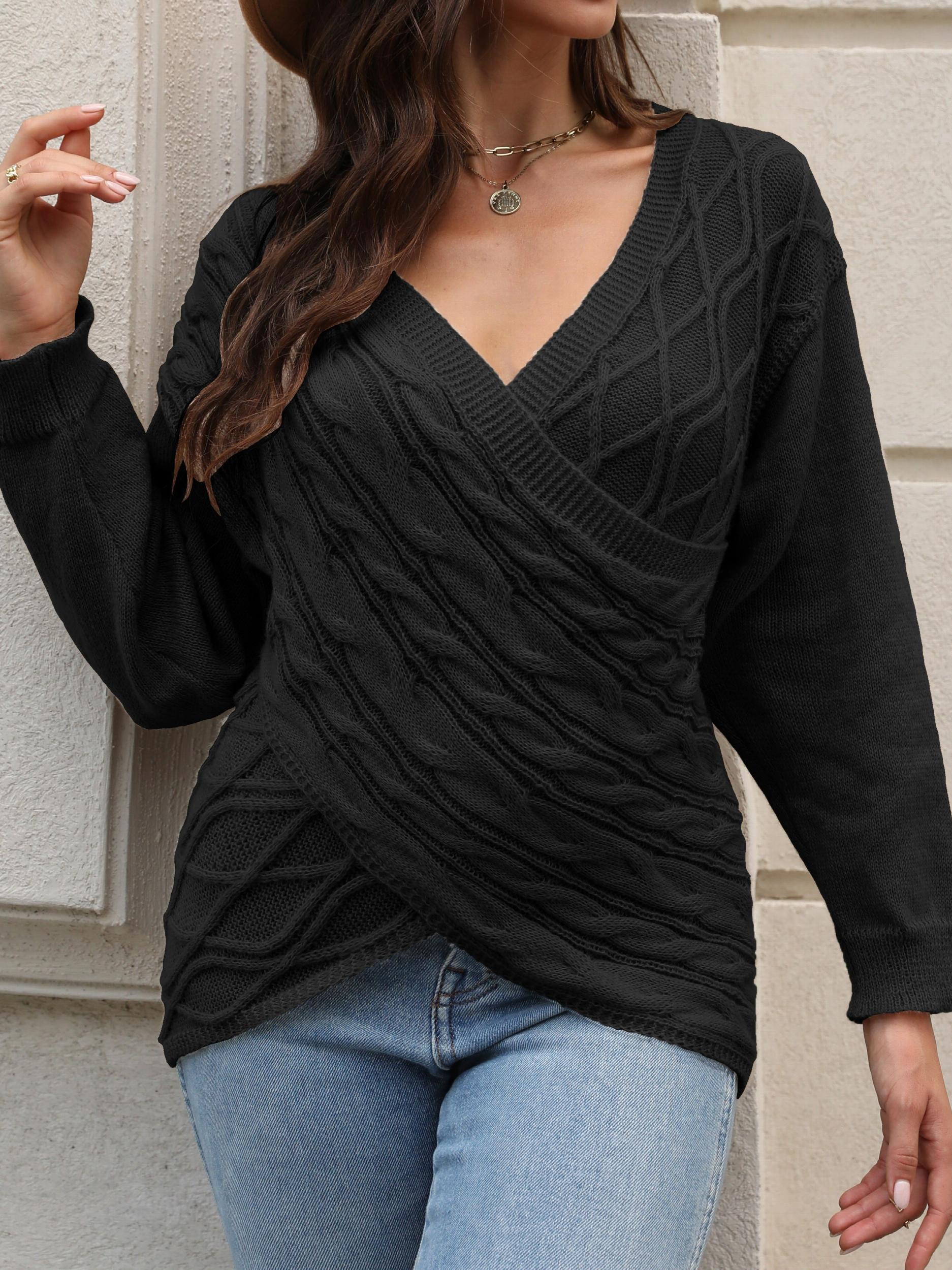 Cable Knit Wrap Cross V Neck Jumper