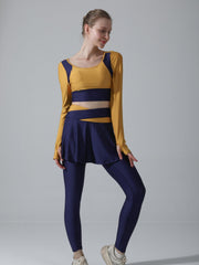 2pcs Block Yoga Sports Set Long Sleeve Thumb Hole Shirt & Skorts Leggings