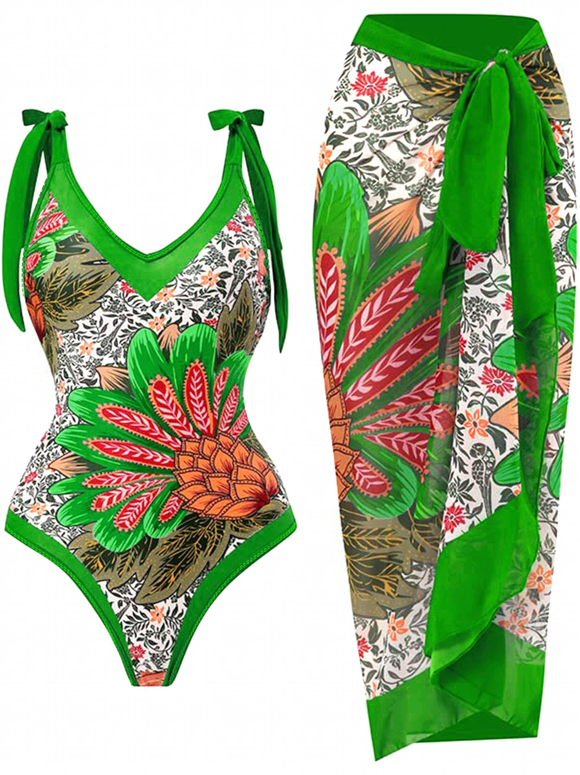 Floral Print Tie Shoulder One Piece Swimsuit & Wrap Maxi Cover Up Dress