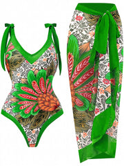 Floral Print Tie Shoulder One Piece Swimsuit & Wrap Maxi Cover Up Dress