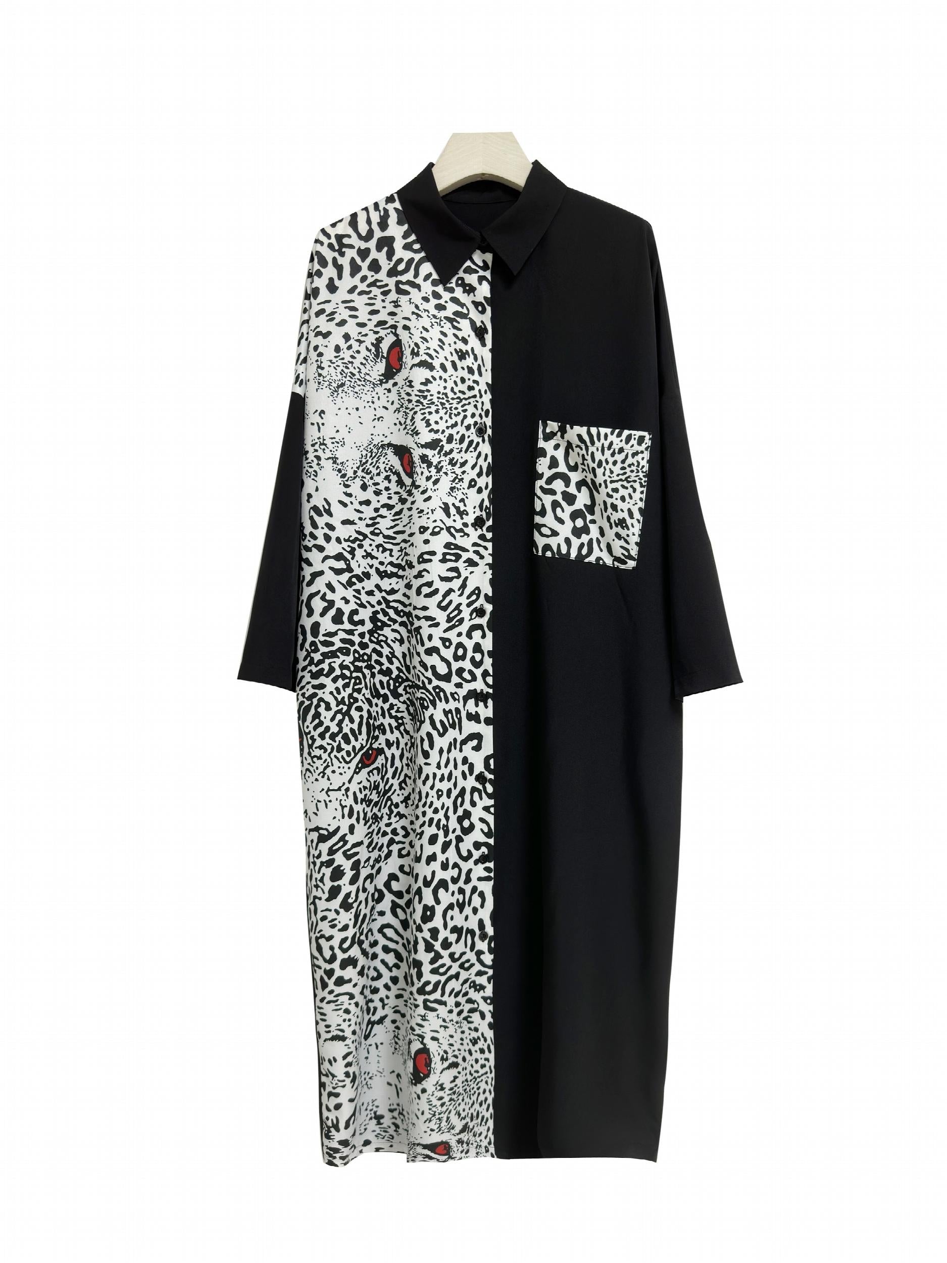 Colorblock Leopard Print Button Up Collar Midi Shirt Dress