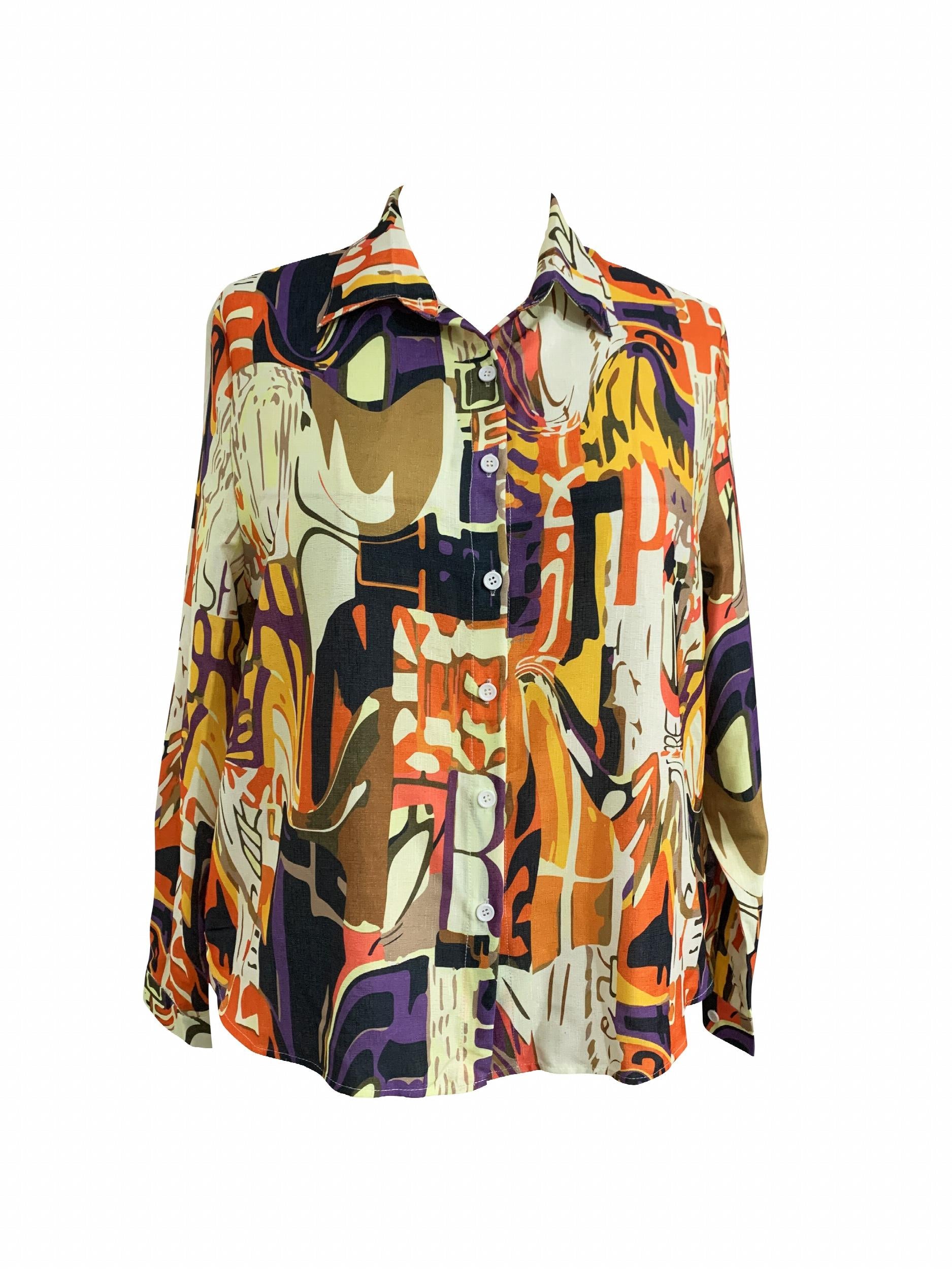 Casual Blouse Women's Plus Random Print Long Sleeve Button Up