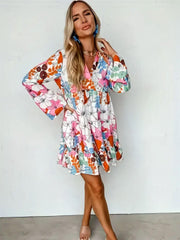 Womens Floral Print Bell Sleeve V Neck Smock Dress
