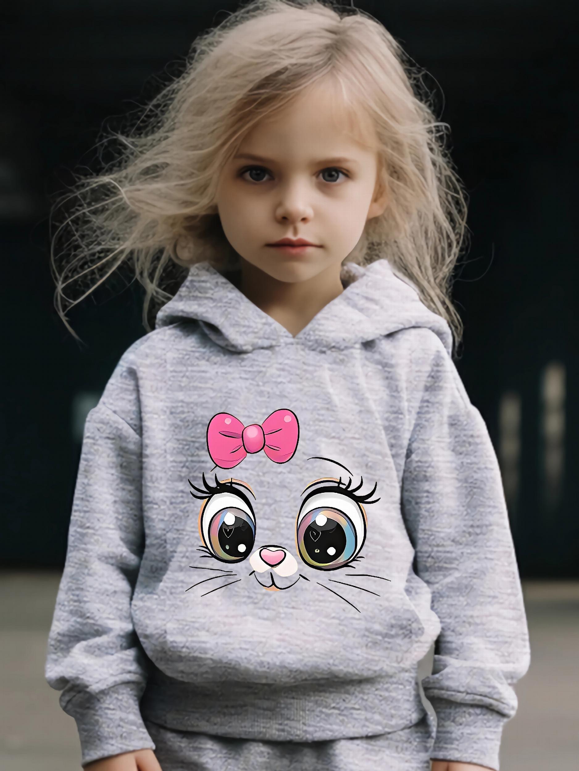 Girls Cartoon Cat Pattern Long Sleeve Hooded Sweatshirt Sporty Pullover