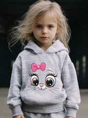 Girls Cartoon Cat Pattern Long Sleeve Hooded Sweatshirt Sporty Pullover