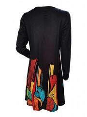 Graphic Print Long Sleeve Round Neck Dress With Pockets
