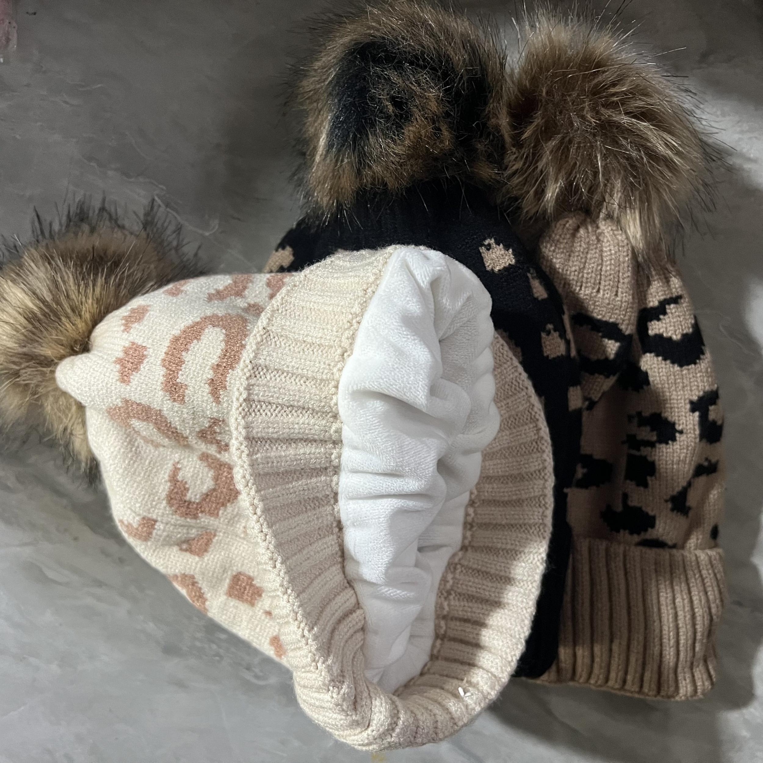 Winter Leopard Pattern Knit Hat Warm Pom Beanie
