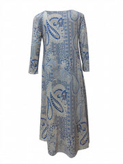 Paisley Print Maxi Dress Long Sleeve Boho Crew Neck Dress