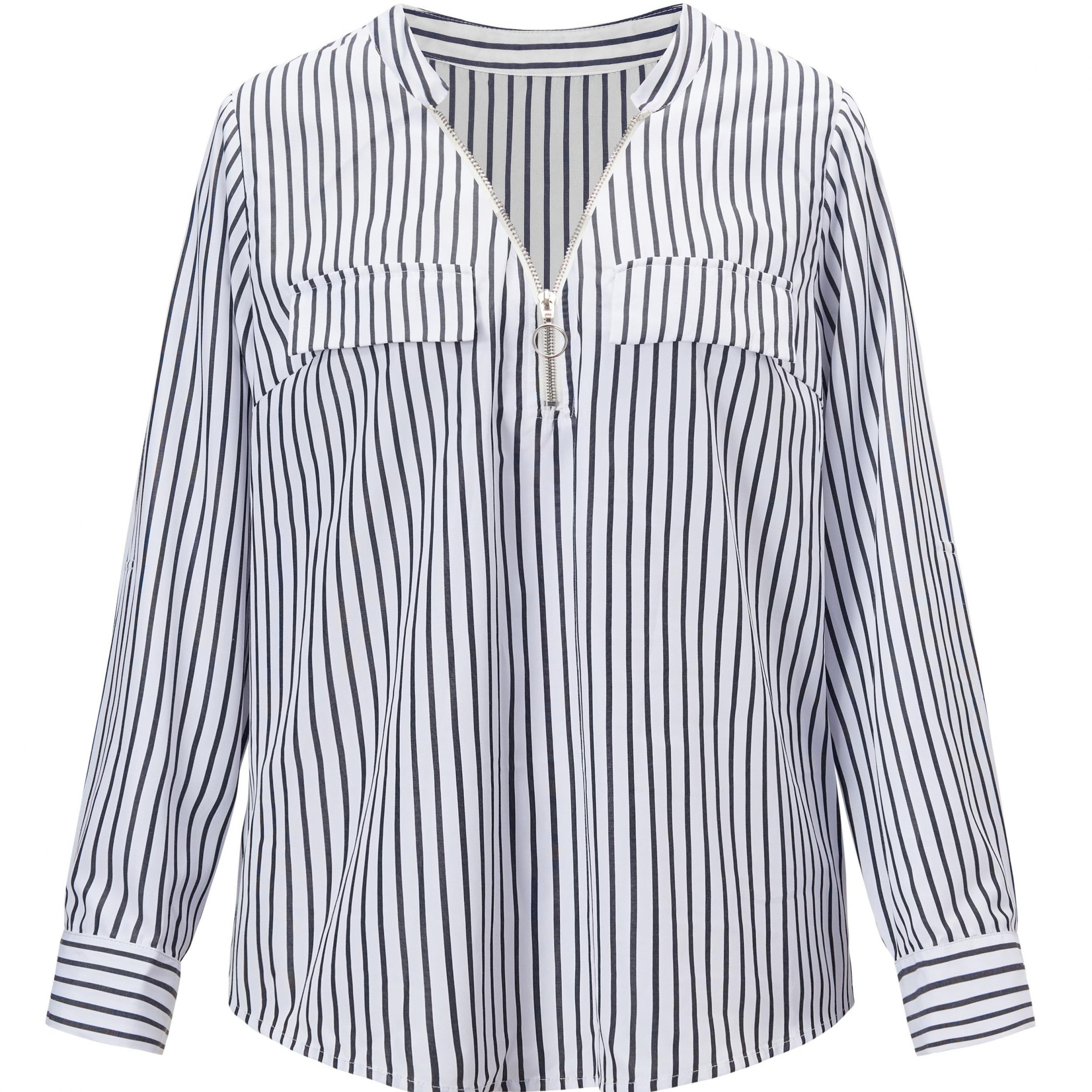 Stripe Print Half Zipper Long Sleeve V Neck Top