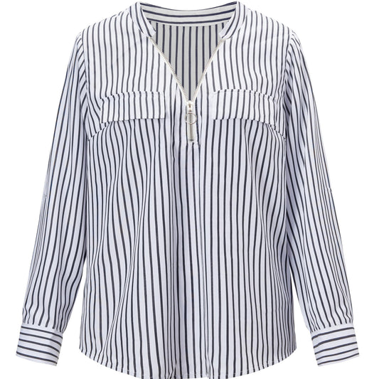 Stripe Print Half Zipper Long Sleeve V Neck Top