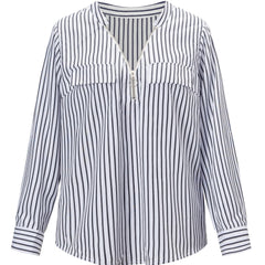 Stripe Print Half Zipper Long Sleeve V Neck Top