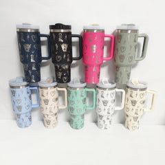 1200ml Stainless Steel Water Bottle Creative Pattern Large Capacity with Straw