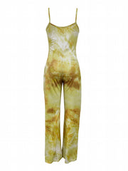 Tie Dye Spaghetti Strap Jumpsuit Sexy V Neck Sleeveless Wide Leg Jumpsuit