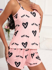 Heart Print Pajama Set Cami Top & Shorts Women's Sleepwear