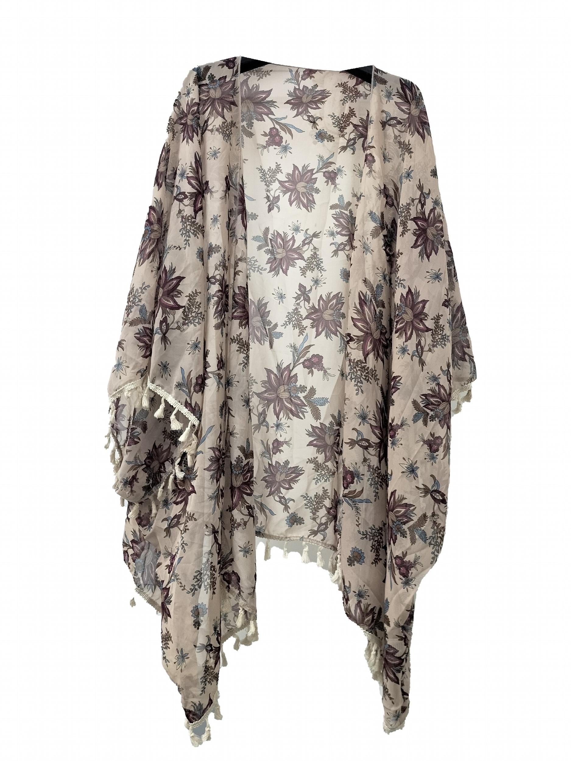 Floral Print Tassel Trim Kimono Cardigan