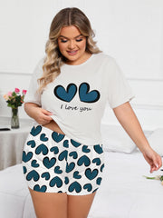 Casual Pajamas Set Short Sleeve Plus Slogan & Heart Pattern
