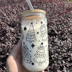 Christmas Tree Glass Cup Set with Lid & Straw 16oz 500ml Holiday Gift