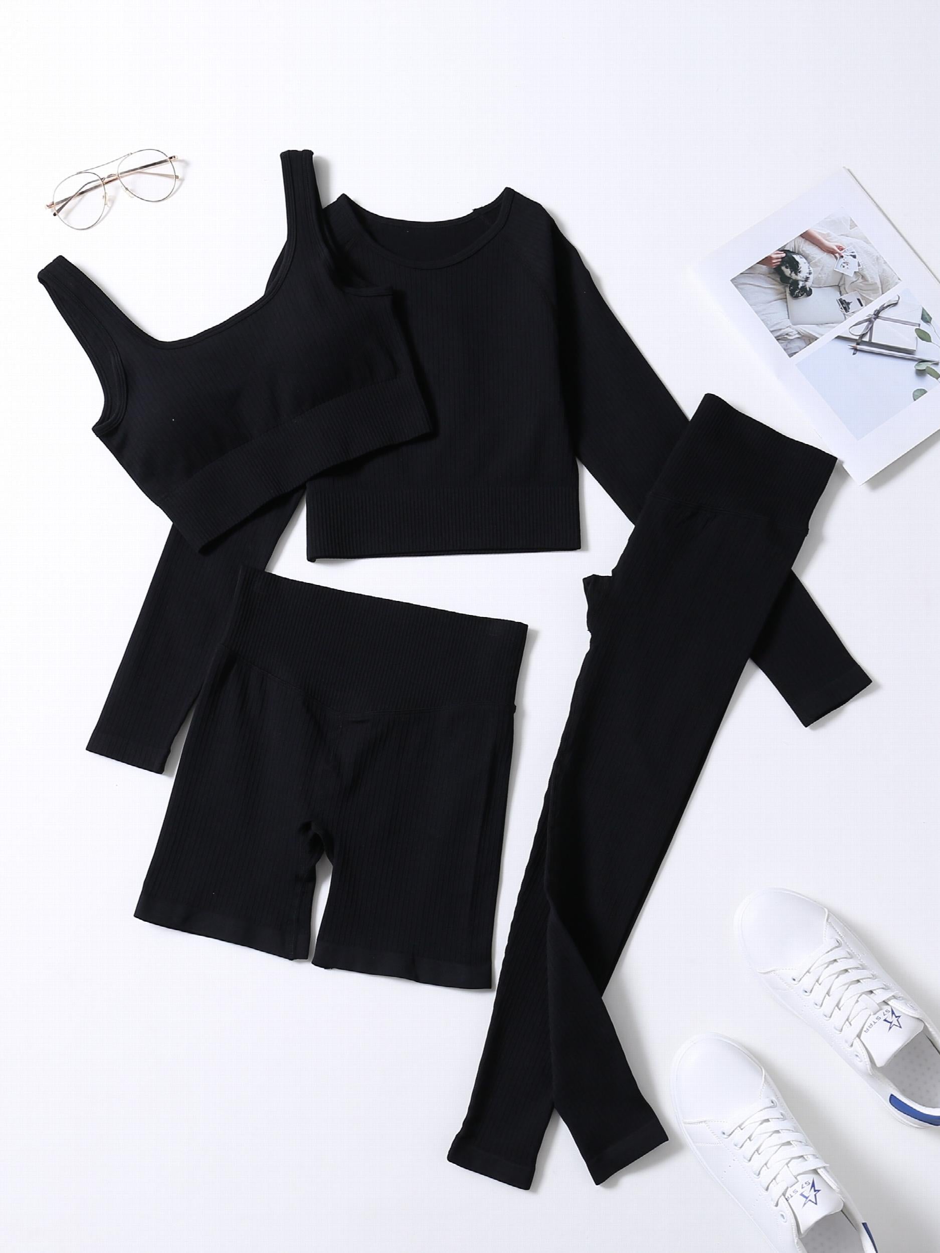 Women's 4 Piece Yoga Set High Waist Leggings & Quick Dry Cropped Top