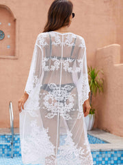 Floral Lace Embroidery Tie Cover Up Sheer Boho 3/4 Sleeve Beach Cardigan
