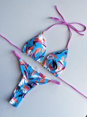 Tropical Print Bikini Set Halter V Neck High Cut Thong 2 Piece Swimwear