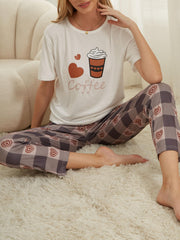Heart Print Pajama Set Top & Plaid Pants Sleepwear Loungewear