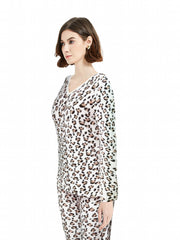 Leopard Print Lounge Top Cozy V Neck Flannel Women's Loungewear