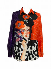 Colorblock Print Button Up Long Sleeve Blouse
