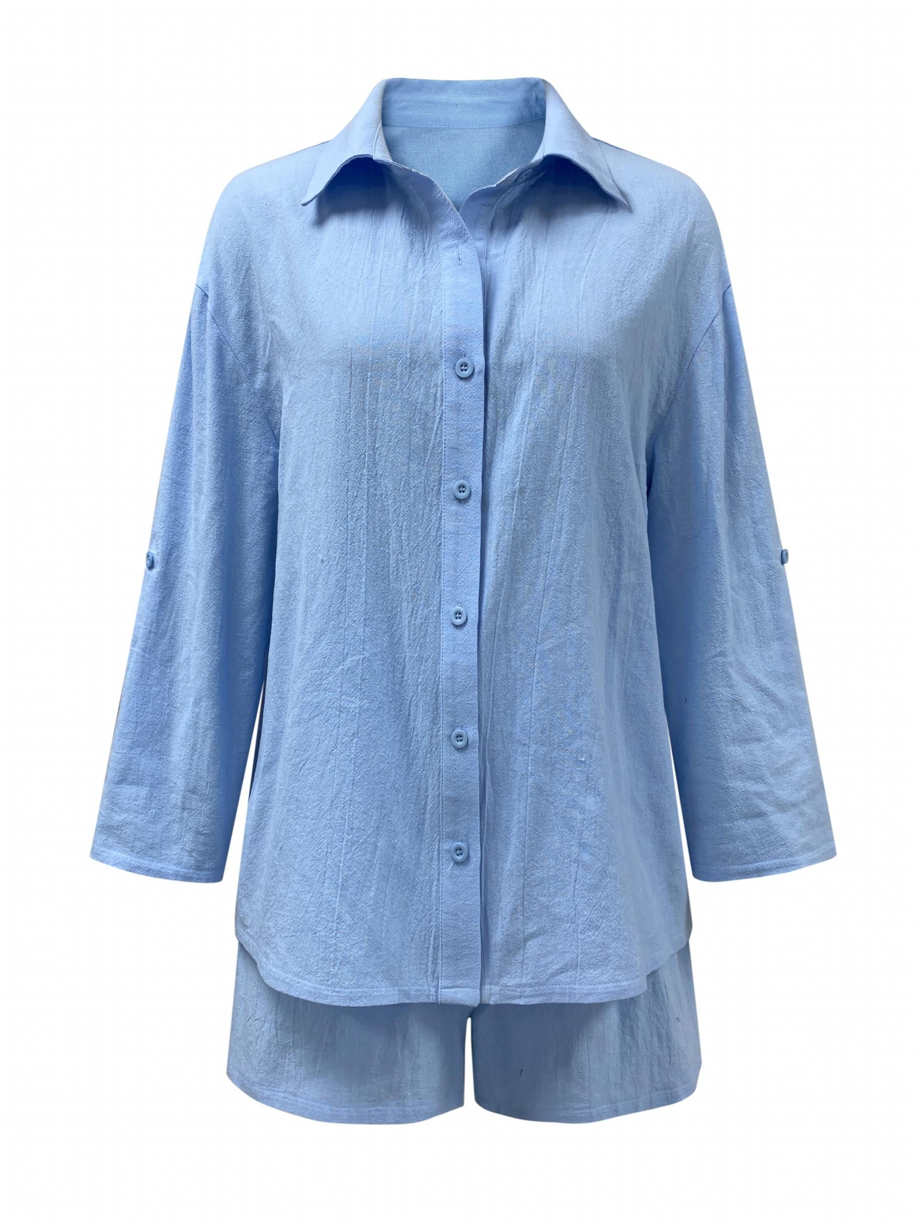 Solid Casual Two piece Set Shirt & Shorts Outfit