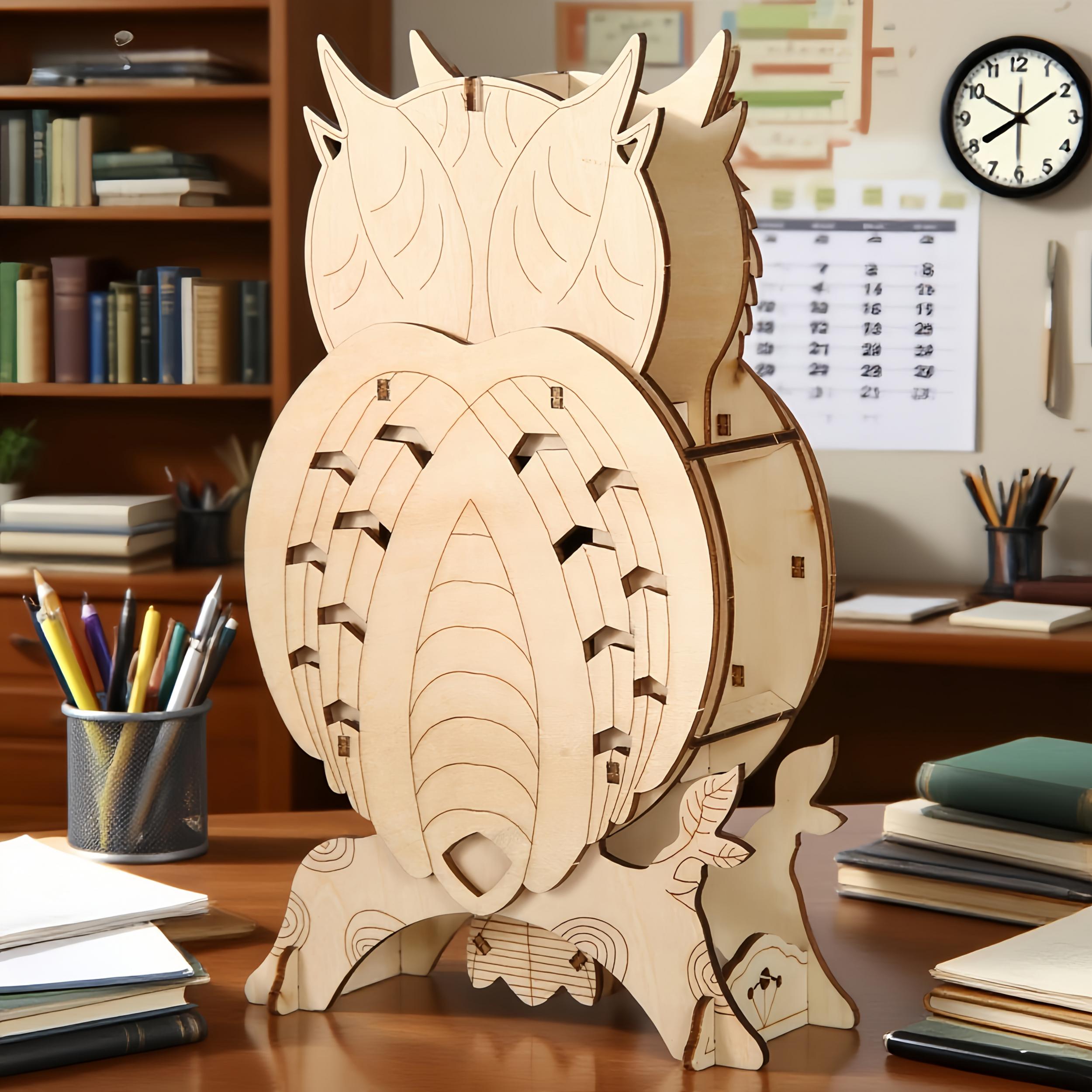 3D Vintage Owl Wooden Puzzle Clock DIY Model High Difficulty Assembly