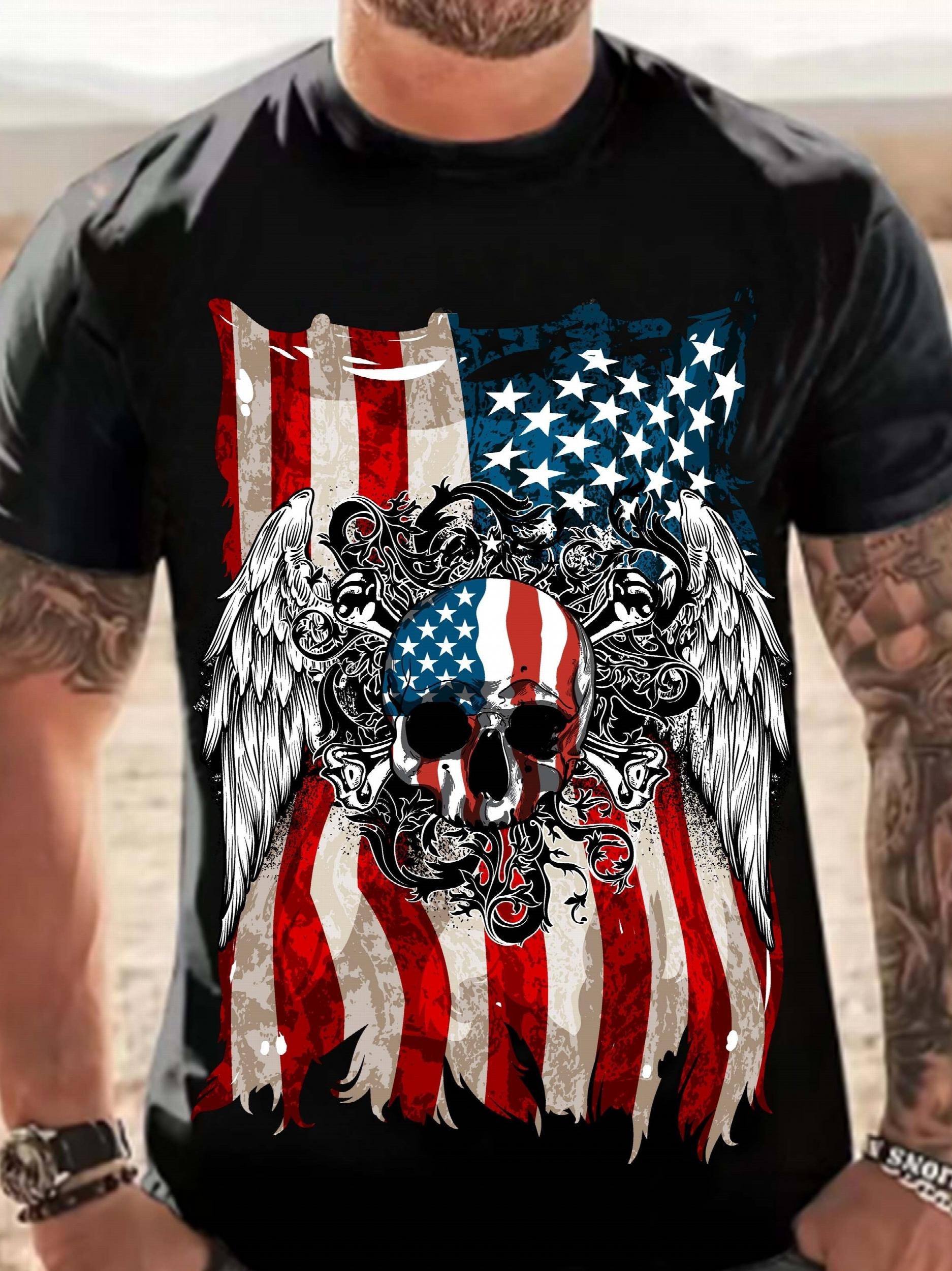 American Flag & Skull Print Tee for Men