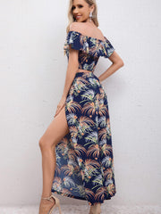 Boho Tropical Print Two piece Set Off Shoulder Crop Top & Split Pants