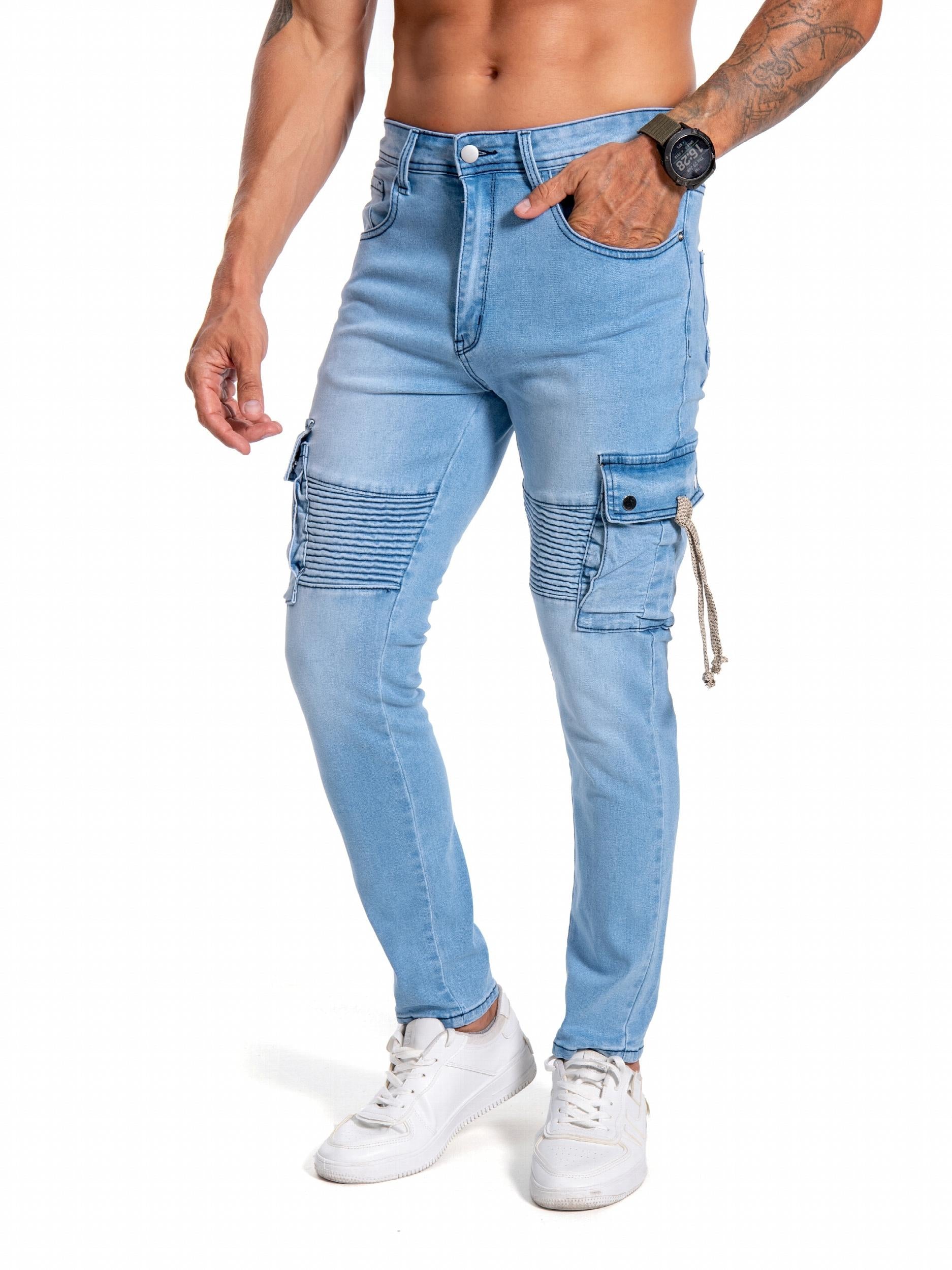 Men's Slim Fit Pocket Jeans Casual Street Style Distressed Denim Pants