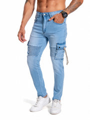 Men's Slim Fit Pocket Jeans Casual Street Style Distressed Denim Pants