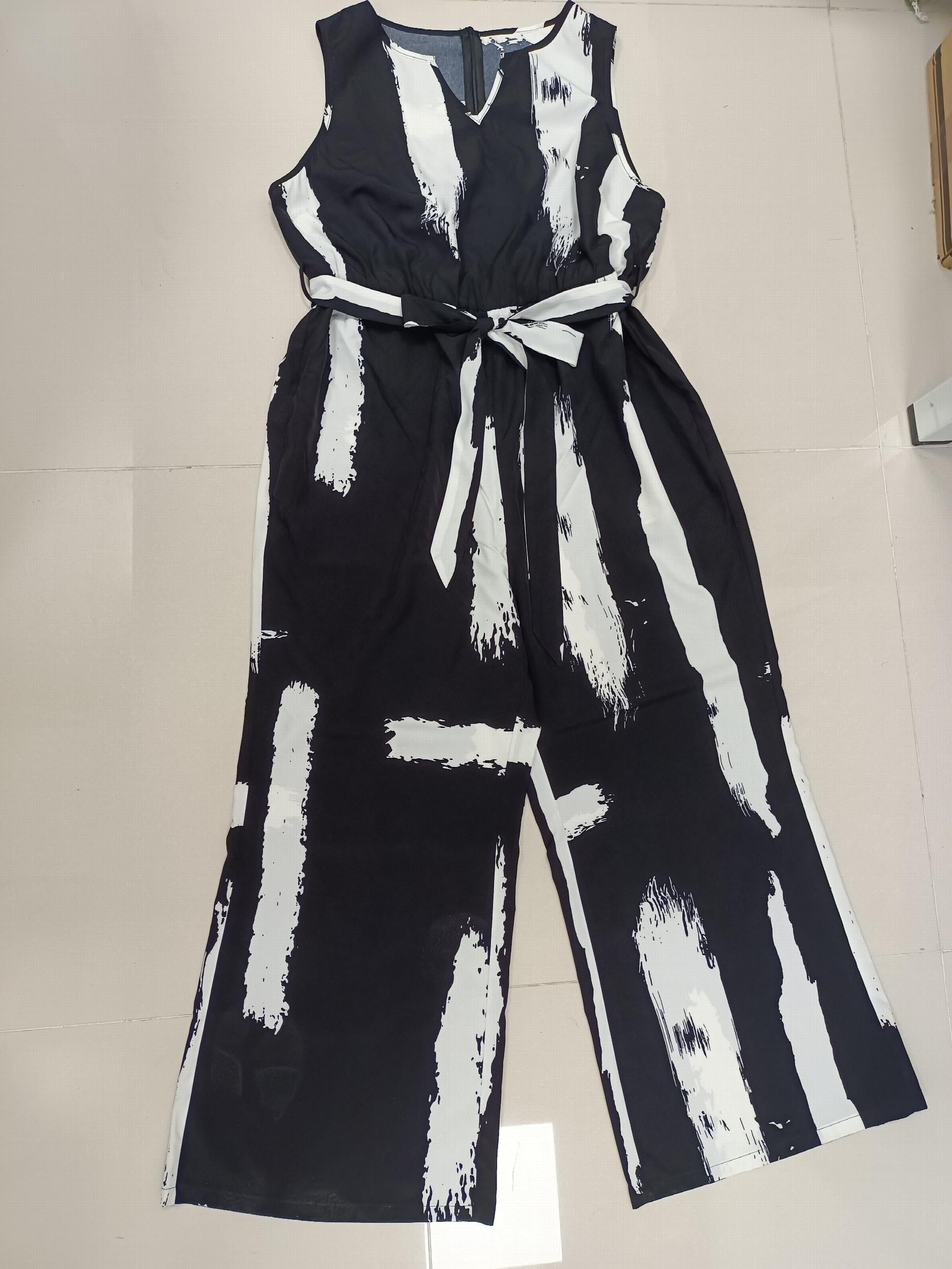 Brush Print Notched Neck Tank Jumpsuit With Belt