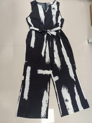 Brush Print Notched Neck Tank Jumpsuit With Belt